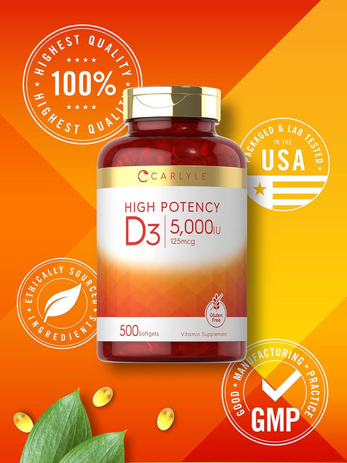 Carlyle Vitamin D3 5000 IU Softgels, 500 Count, Value Size, Non-GMO & Gluten Free, High Potency Formula, 125mcg