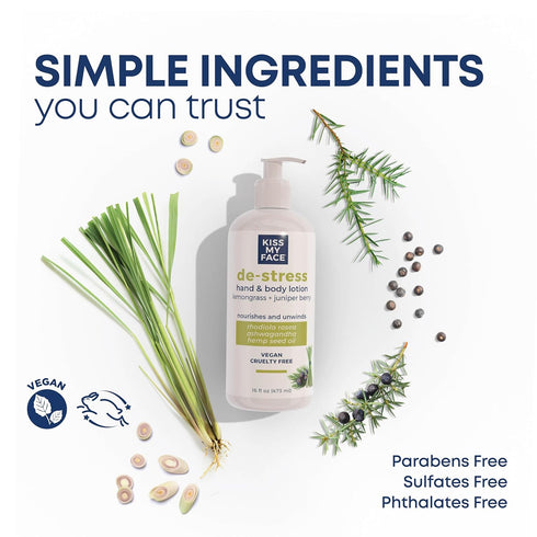 Kiss My Face De-Stress Hand & Body Lotion, Lemongrass + Juniper Berry, Vegan & Cruelty-Free, 16 fl oz Bottle