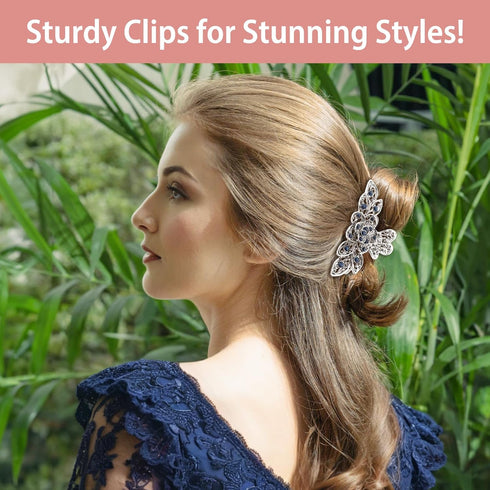 kilofly 3pc Vintage Crystal Hair Claw Clips, Long Thick Hair Metal Clamps