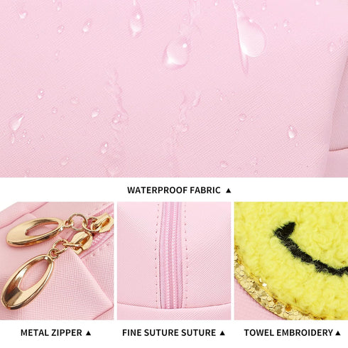 Preppy Patch Makeup Bag, Smile Lightning PU Leather Waterproof Cosmetic Bag for Girls, Travel Organizer, Pink