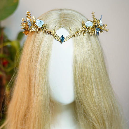 MOSTORY Gold Flower Moon Crown - Handmade Fairy Floral Headpiece Woodland Headband for Renaissance Wedding