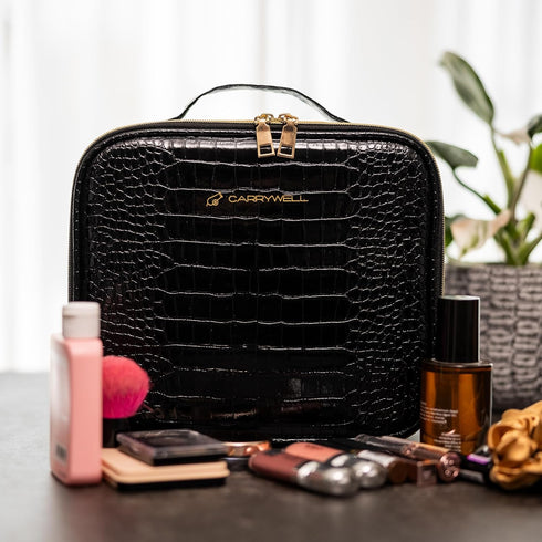 Not Made In China Makeup Bag Travel Organizer, Small Crocodile Cosmetic Case with Adjustable Dividers for Beauty Artists