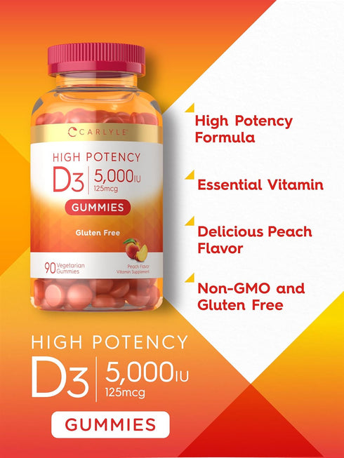Carlyle Vitamin D3 Gummies, 90 Count, High Potency, Vegetarian, Non-GMO, Gluten Free, Peach Flavored