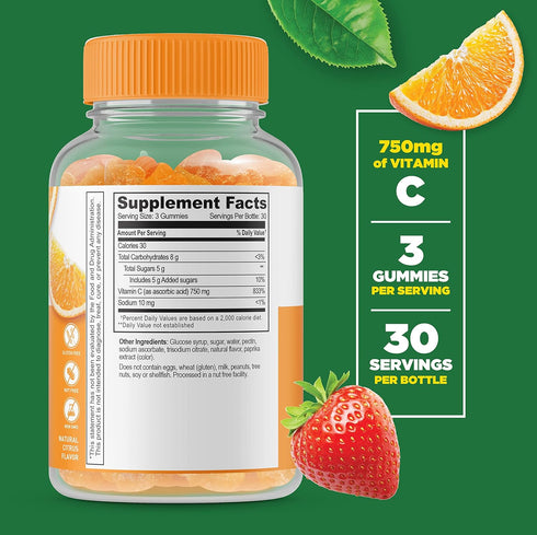 Lifeable Vitamin C - Great Tasting Natural Flavor Gummy Supplement - Vegetarian GMO-Free Chewable Vitamins - for Immune Support - 90 Gummies (750 mg)