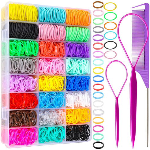 YGDZ Elastic Hair Bands - 1500pcs Hair Rubber Bands, 120pcs Baby Hair Ties - Colorful Small Hair Tie Set with Tools