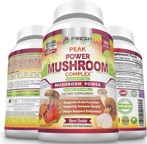 FRESH HEALTHCARE Mushroom Supplement, Lions Mane, Cordyceps, Reishi, Turkey Tail, 90 Vegan Capsules