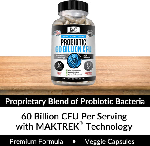 Kaya Naturals Probiotic 60 Billion CFU, 60 Vegetable Capsules, Natural Supplement for Gut Health & Immune Support
