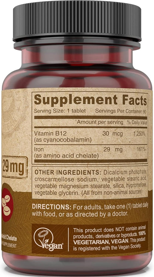 Deva Nutrition Vegan Chelated Iron 29 mg with B-12, 90 Tablets, High Potency