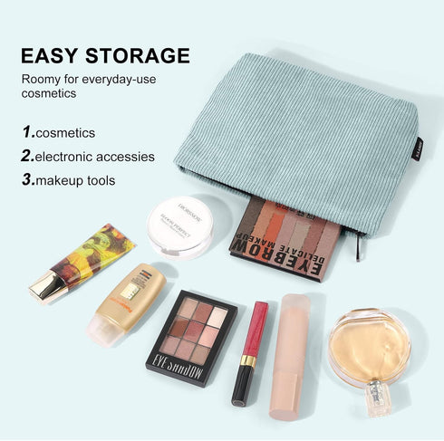 MAANGE Cosmetic Bags for Women, Small Makeup Bag for Purse, Blue Corduroy Makeup Pouch with Metal Zipper for Travel