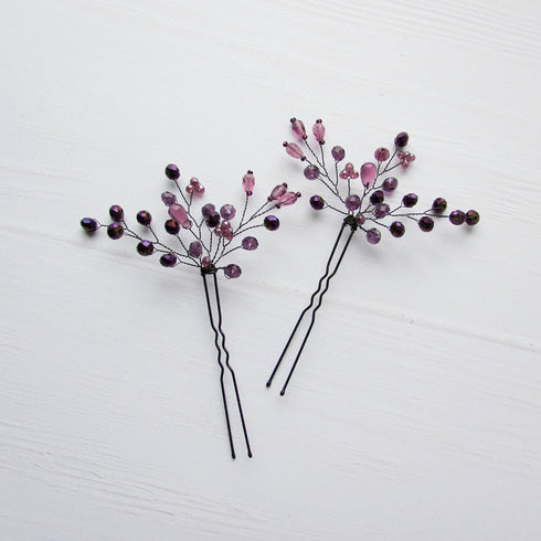 Kercisbeauty Purple Beaded Hair Pins - Pack of 3 Bridal Accessories for Wedding, Prom, Evening Party, Violet Hair Piece