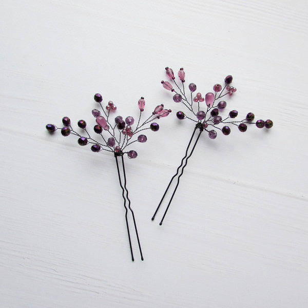 Kercisbeauty Purple Beaded Hair Pins - Pack of 3 Bridal Accessories for Wedding, Prom, Evening Party, Violet Hair Piece