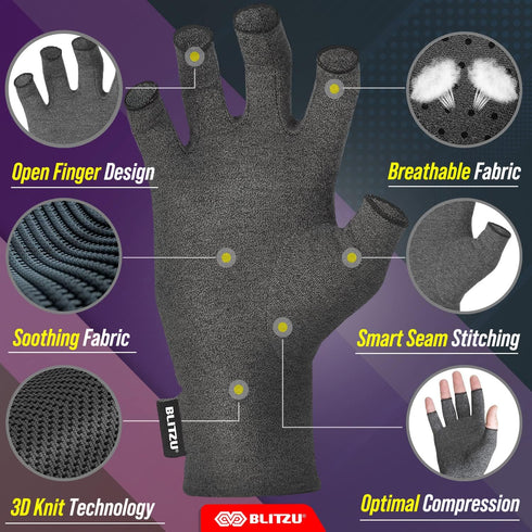 BLITZU Fingerless Gloves for Men, Raynauds Compression Gloves for Arthritis Pain and Support, Black S