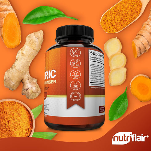 NutriFlair Turmeric Curcumin with Ginger & BioPerine - 180 Capsules, 95% Curcuminoids for Joint Support