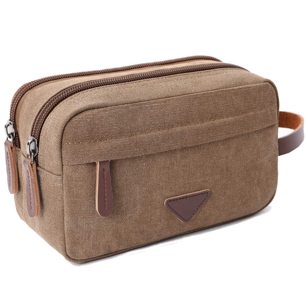 Mactso Mens Travel Toiletry Bag, Canvas Leather Cosmetic Makeup Organizer with Double Compartments (Coffee)