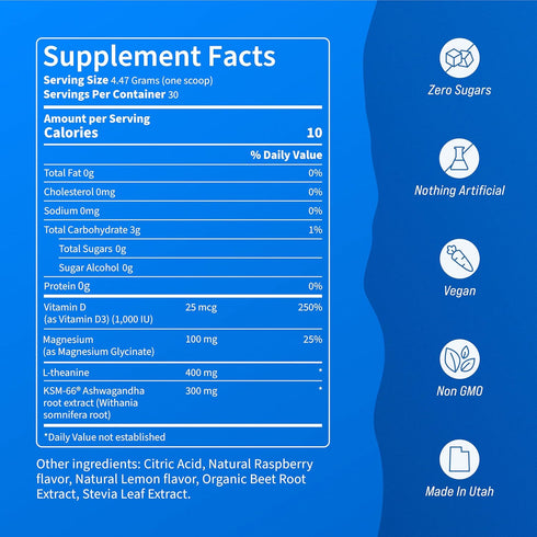 Nello Supercalm Drink Mix - 30 Servings with Ashwagandha KSM 66, Magnesium Glycinate, L-Theanine, Vitamin D3