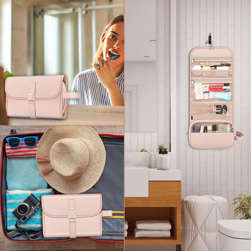 Fintie Pink Portable Toiletry Bag, Large Water Resistant Hanging Makeup Organizer for Women and Girls