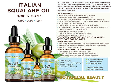 SQUALANE Italian Olive, 100% Pure Natural Undiluted Oil, 4 fl oz - Ultra-Pure Moisturizer for Face, Skin, Body