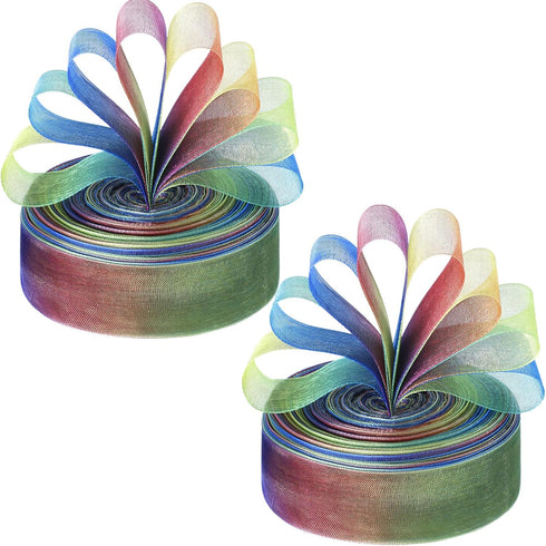 Shappy Rainbow Gift Ribbon, 1 Inch x 50 Yards for Gift Wrapping, Organza Shimmer Sheer Rainbow Colors