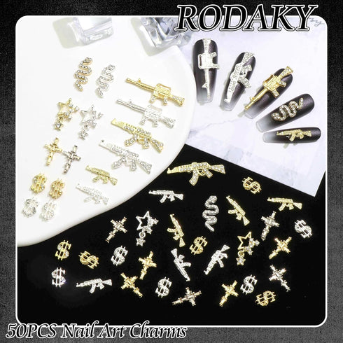 RODAKY 50PCS 3D Cross Gun Nail Charms, Gold Dollar Sign Nail Art Jewelry, Multi Style Nail Gems for Manicure