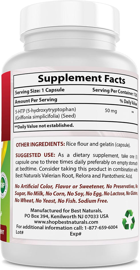 Best Naturals 5-HTP 50 mg Capsules, 120 Count, Supports Relaxation & Restful Sleep