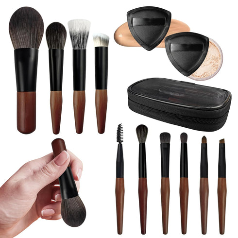 Travel Makeup Brush Set with Case, Mini Brushes for Powder, Foundation, Eyeshadow, 10 Pcs & 2 Triangle Puffs
