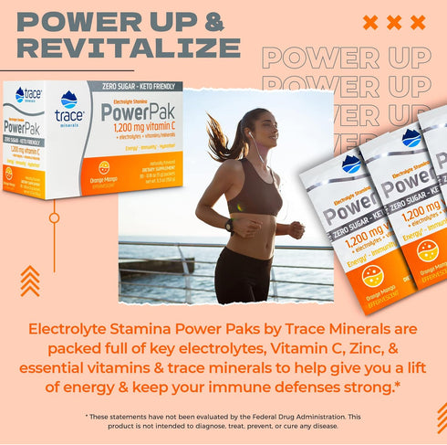 Trace Minerals Power Pak Sugar Free Electrolyte Powder, 30 Packets, Orange Mango, 1200 mg Vitamin C, Zinc, Magnesium