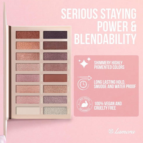Lamora Eyeshadow Palette, Makeup with 16 Highly Pigmented Matte & Shimmer Shades, Vegan & Blendable