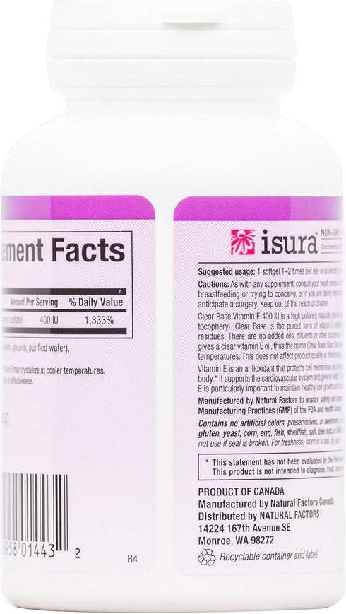 Natural Factors Clear Base Vitamin E, 400 IU, 60 Softgels - Antioxidant Support for Health