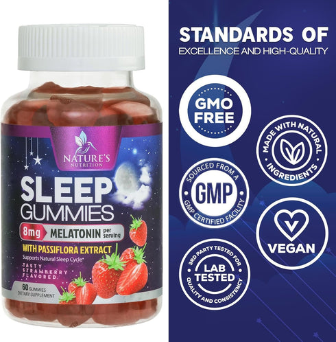Melatonin Gummies 8mg - Extra Strength Sleep Support with 20mg Passiflora, Vegan, Berry Flavor - 60 Gummies