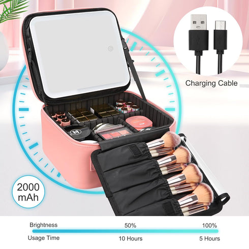 Relavel Travel Makeup Bag with LED Mirror, Waterproof Cosmetic Train Case with Adjustable Brightness, Pink