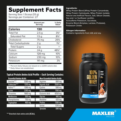 Maxler 100% Golden Whey Protein, 24g Premium Powder per Serving, Fast-Absorbing, Salted Caramel, 2 lbs