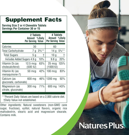 NaturesPlus Chewable Cal/Mag/VIT D3 with Vitamin K2 - 60 Vanilla Tablets - Bone Health Supplement, Gluten-Free