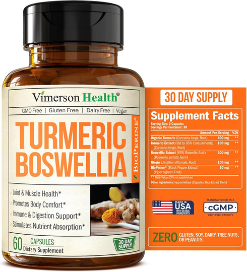 Turmeric Supplement with 65% Boswellia Extract Capsules - 60 Turmeric Curcumin Caps with Black Pepper, Organic
