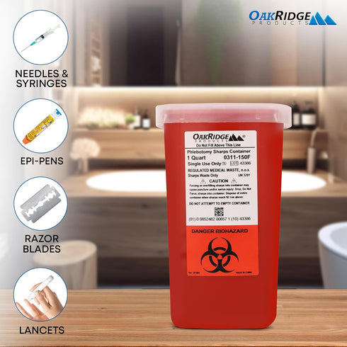 Oakridge Products Sharps Container for Home Use, 1 Quart (1-Pack), Biohazard Needle Disposal, CDC Certified