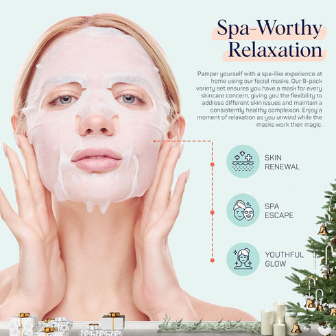 SpaLife 9-Pack Facial Masks for Skin Rejuvenation, Hydration, and Moisturizing - Beauty Face Mask Set for Women