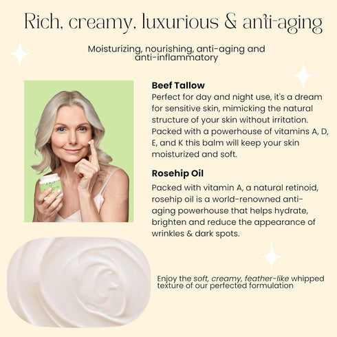 Organic Whipped Beef Tallow + Rosehip Oil for Face & Body Moisturizer Cream - Unscented, Fragrance-Free 4 Fl Oz