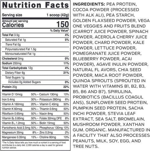 Vega Organic All-in-One Vegan Protein Powder, Chocolate, Superfood Ingredients, 13.2 oz, Keto Friendly