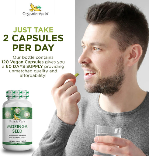 Organic Veda Moringa Seed Capsules - 1000mg Natural Moringa Seed Powder, Nutrients, Antioxidants, 120 Count