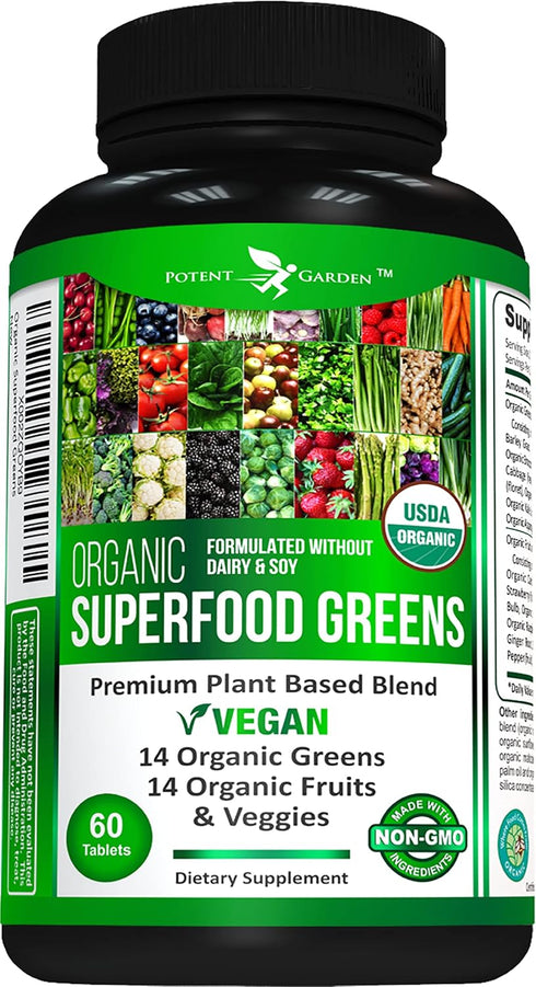 Organic Superfood Greens, Fruit and Veggies Supplement Rich in Vitamins & Antioxidants with Alfalfa, Beet Root & Tart