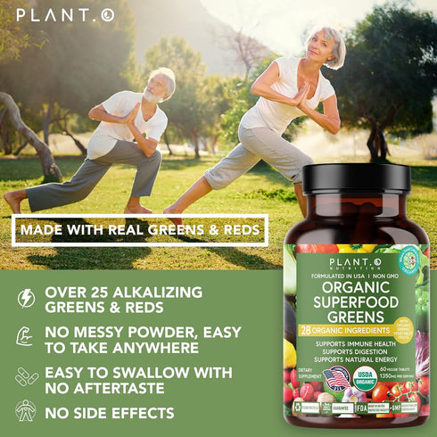 Plant.O Organic Super Greens - High Absorption Antioxidants from Green Powder for Immune Support, 60 Veggie Tablets