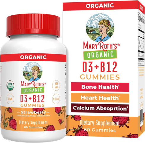 Mary Ruth's Vitamin D3 + B12 Gummies, USDA Organic, 60 Servings for Bone Health and Energy Boost