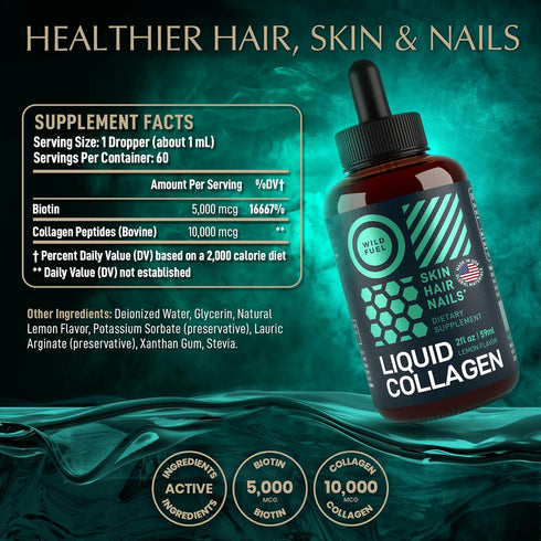 Liquid Collagen Peptides - 10,000mcg Collagen & 5,000mcg Biotin Drops for Youthful Skin, Hair Growth, Lemon Flavor
