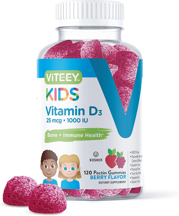 Vitamin D3 Kids Gummies 25mcg 1000 IU - Vegetarian, Gelatin Free, Gluten Free, GMO Free - Tasty Berry Flavored Gummy