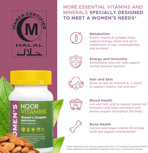 Noor Vitamins Halal Women's Multivitamin & Mineral, 2-Month Supply | Supports Energy, Immunity, and Healthy Appearance