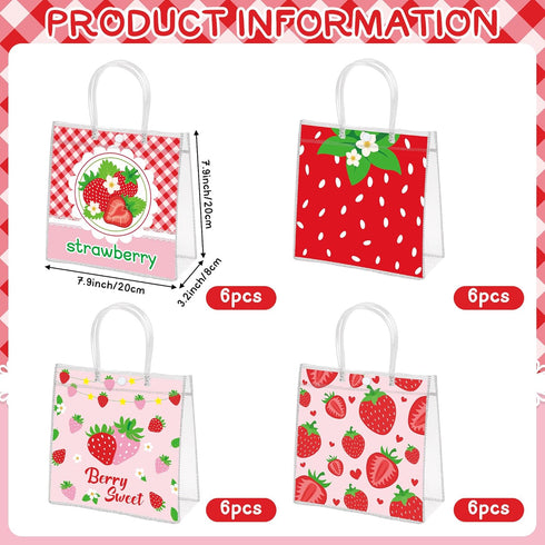 H1vojoxo Summer 24PCS 7.9x3.2x7.9 Inch Summer Fruit Gift Bags - Strawberry Clear PVC Gift Bags with Handle Fruit Theme