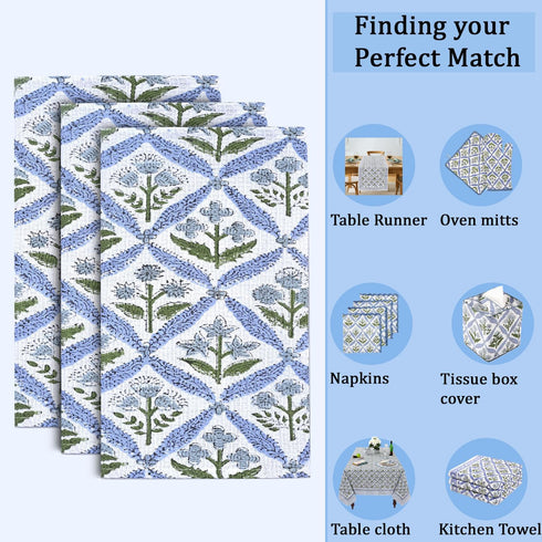 Set 6-12x12 Inch Ridhi Light Steel Blue Hand Block Print Cotton Waffle Dish Cloth of Super Absorbent, Soft, Reusable
