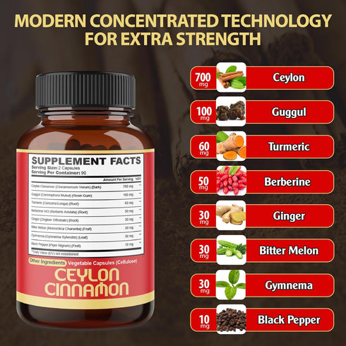 Premium Ceylon Cinnamon with Berberine Supplement - 8in1 Turmeric, Ginger, Gymnema & More - 180 Capsules for Body
