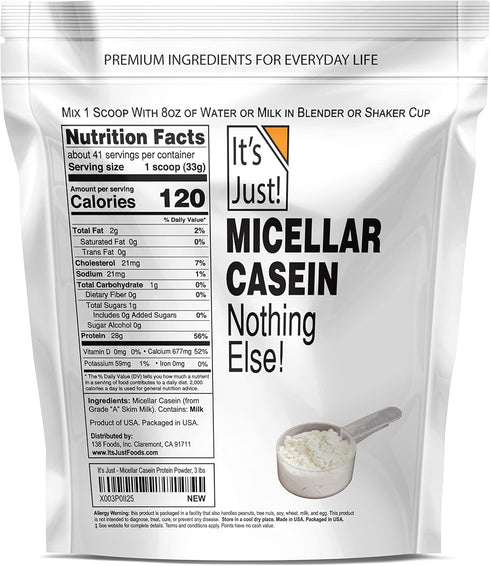 It's Just! - 100% Casein Protein Powder - 3lbs/48oz, Made in USA, One Ingredient, Slow Burning, Non-GMO