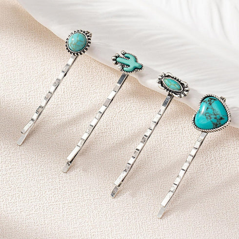 Western Style Hair Bobby Pins, 4 Pcs Women's Turquoise Howlite Stone Hair Clip Cowgirl Chic Retro Accessories