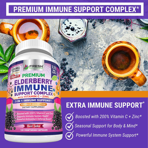 FRESH HEALTHCARE Elderberry Capsules, High Potency Black Elderberry with Zinc and Vitamin C for Immune Support